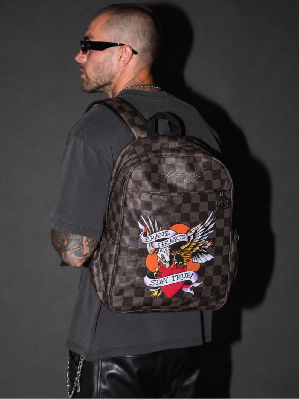 Ed Hardy Brave Hearts Stay True Checkered Backpack NWT Unisex Y2K Tattoo